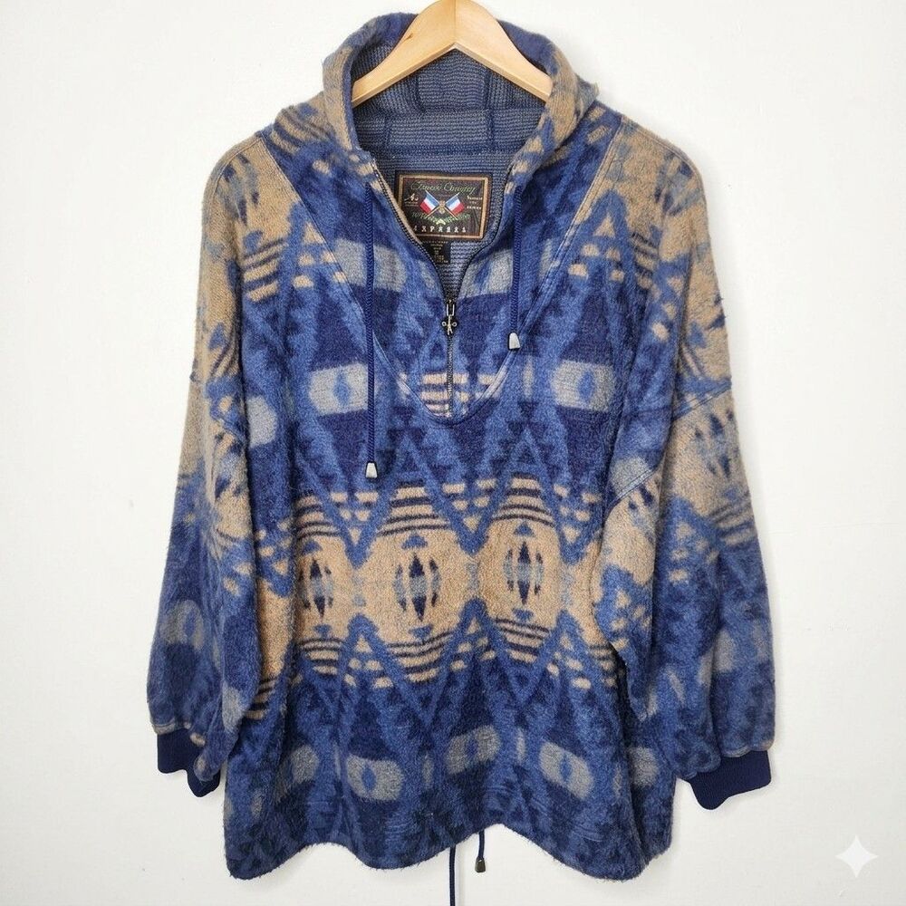 Vintage French Country Express Fleece Sweater Blue Aztec Medium Fleece Country